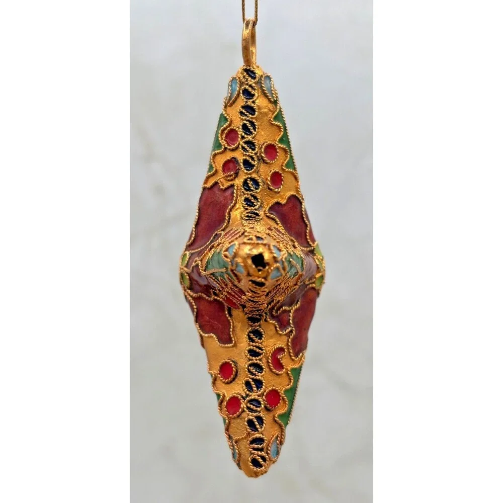 Cloisonne Red Enamel Gold Metal Holly Floral Star Christmas Hanging Ornament EUC